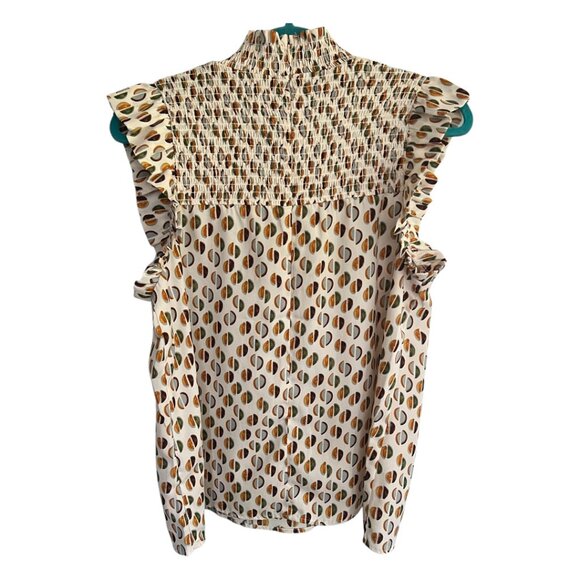THML Anthropologie Smocked Cream Geometric Pattern Blouse Ruffle Sleeve Size L - Picture 2 of 8